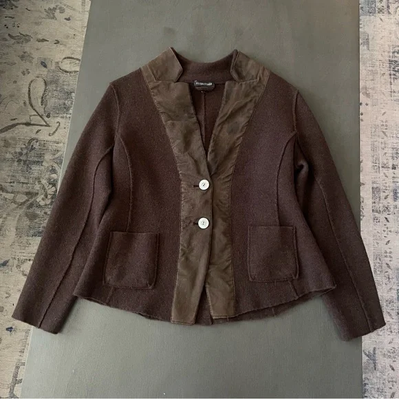 Eileen Fisher Wool and Lamb Leather Blazer Jacket, Brown, Size Large - Picture 3 of 12